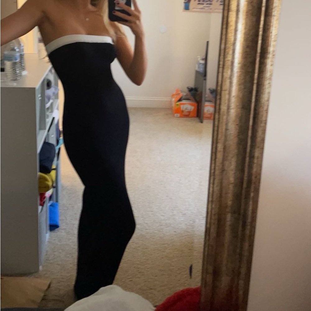 Peppermayo Black Strapless Maxi Dress with White Trim